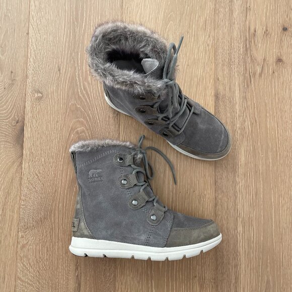 Sorel Boots Women 8 Gray Explorer Joan Quarry Suede Waterproof Faux Fur Grey - Picture 1 of 14